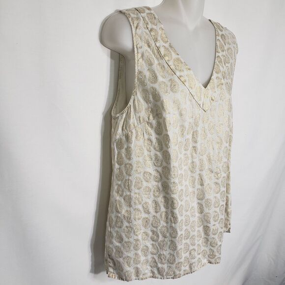 St. Tropez West Womens Tank Top Medium 100% Linen V Neck Ivory Gold Paisley - Picture 6 of 8